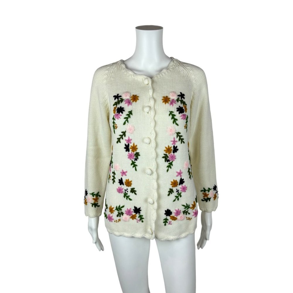Vintage 60s Floral Cardigan Embroidered Cream Multi Color Acrylic Sweater